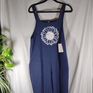 NWT Navy Blue Overalls w/ White Floral Design - Size L/XL